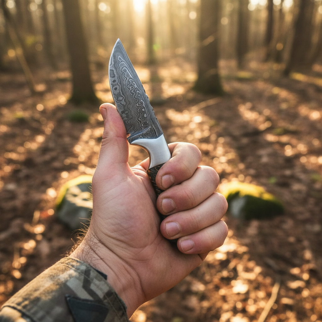 Hunter gripping Damascus skinner knife pinecone resin handle outdoor rocky terrain