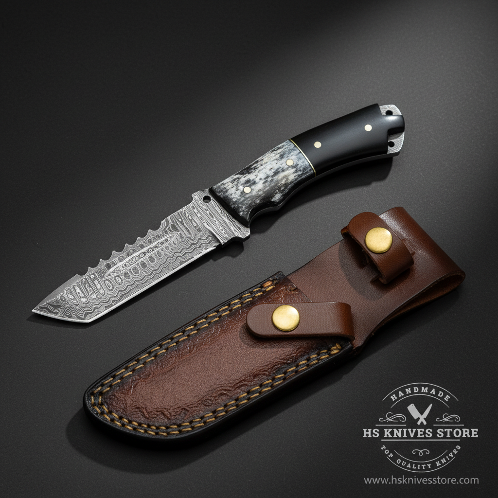 Damascus tanto skinner knife with black micarta bone spacer handle and brown leather sheath studio mirror view facing left