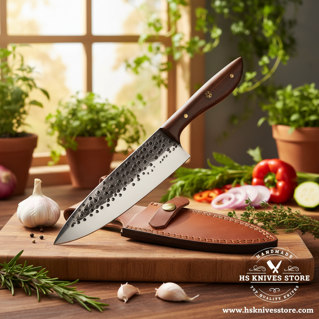 Carbon steel chef knife with walnut handle and tan leather sheath on rustic cutting board with fresh herbs and vegetables