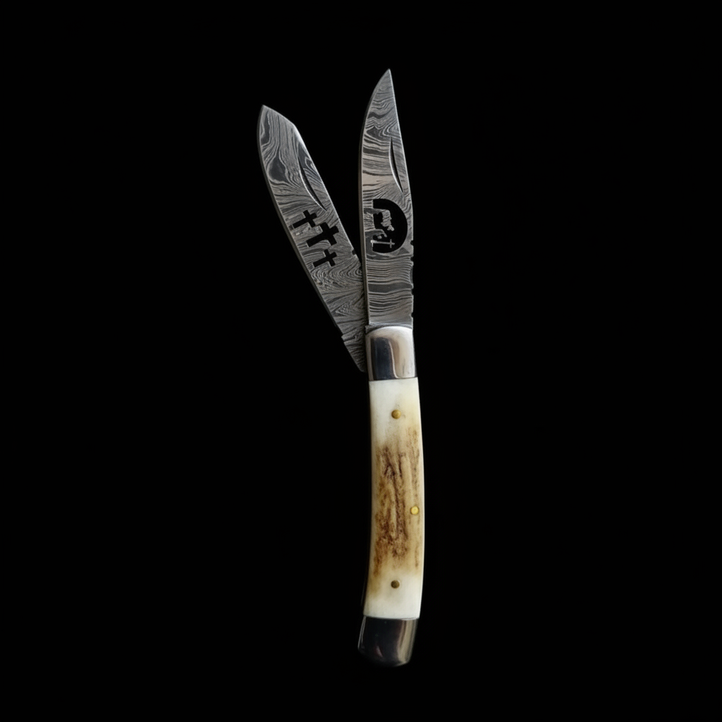 Damascus double blade folding knife with stag handle both blades open showing Damascus pattern moody editorial dark photography