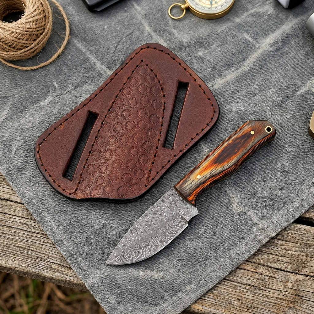 Overhead camping display of 6-inch mini Damascus knife and pancake sheath