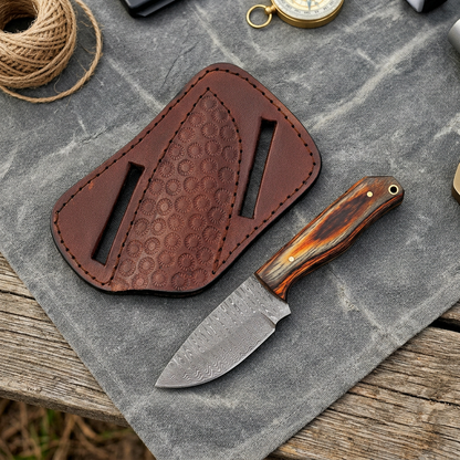 Overhead camping display of 6-inch mini Damascus knife and pancake sheath