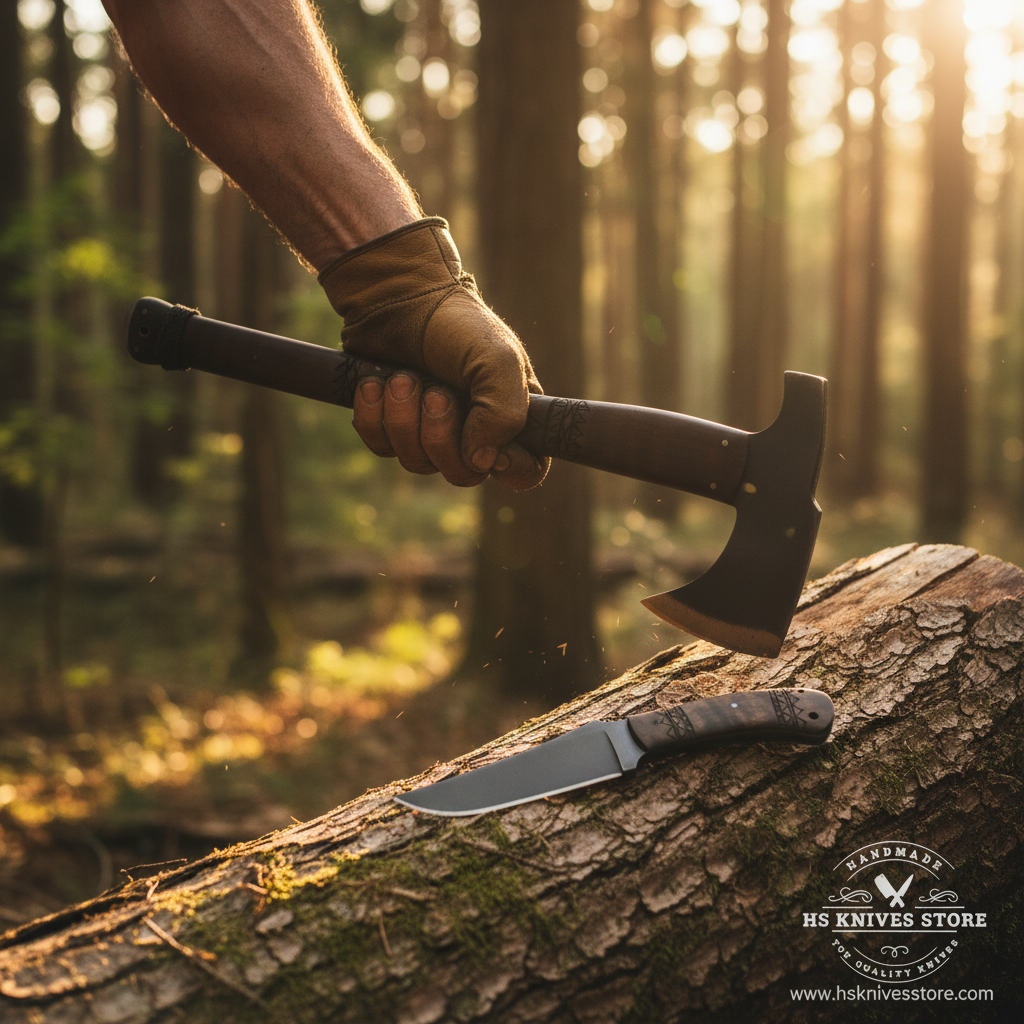 Outdoorsman hand gripping Norse engraved walnut handle carbon steel Viking axe raised in chopping pose outdoor forest golden sunlight