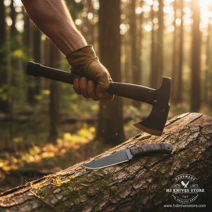 Outdoorsman hand gripping Norse engraved walnut handle carbon steel Viking axe raised in chopping pose outdoor forest golden sunlight
