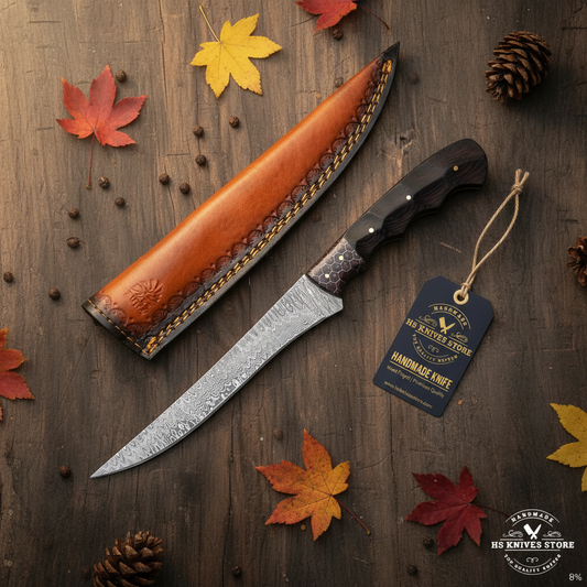 Damascus fillet knife flat lay with ebony honeycomb handle and HS Knives Store hang tag on rustic dark wood with autumn leaves