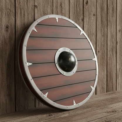Angled handmade Viking round shield showing its wood plank face, rim, and raised center boss