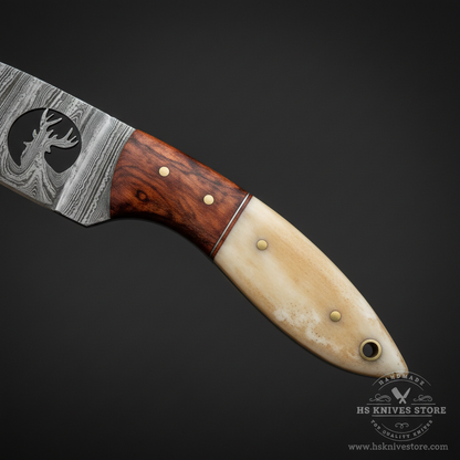 Close-up macro of two-tone handle dark rosewood upper cream bone lower with brass dot rivets on Damascus skinner knife