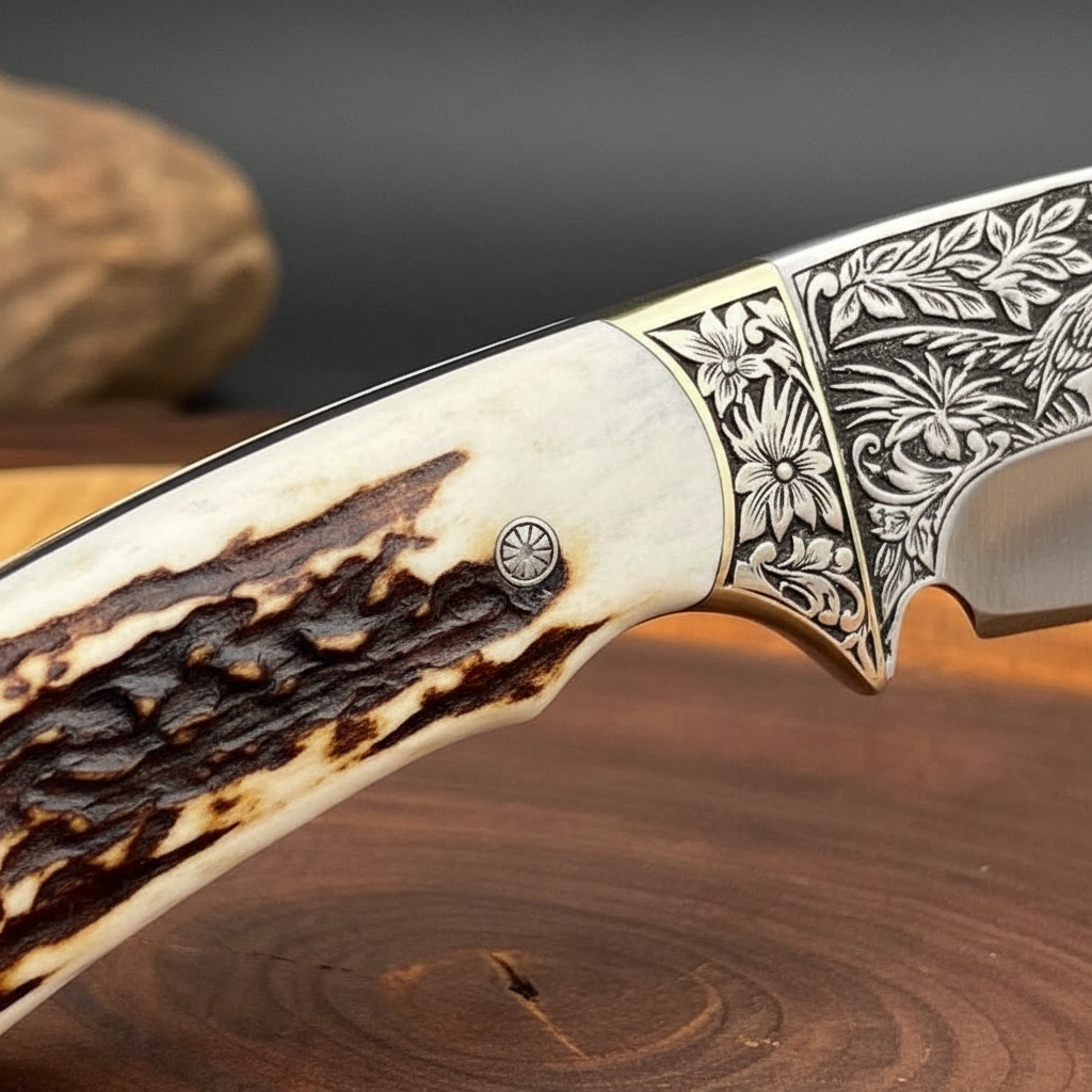 Extreme close up macro shot of stag crown antler handle and brass bolster on D2 steel skinner knife showing natural antler grain texture