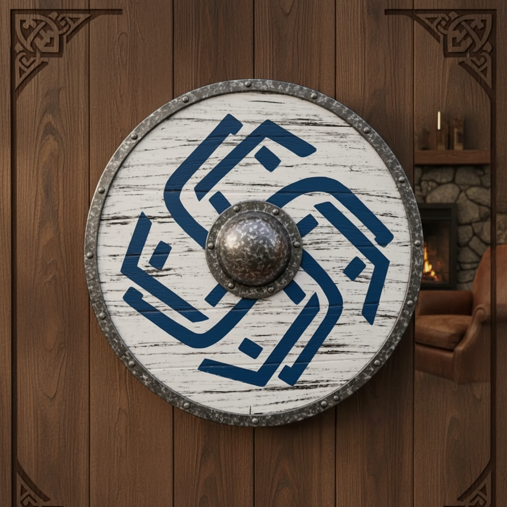 Handcrafted wooden Viking shield with blue Norse design mounted on a rustic Viking-inspired wall