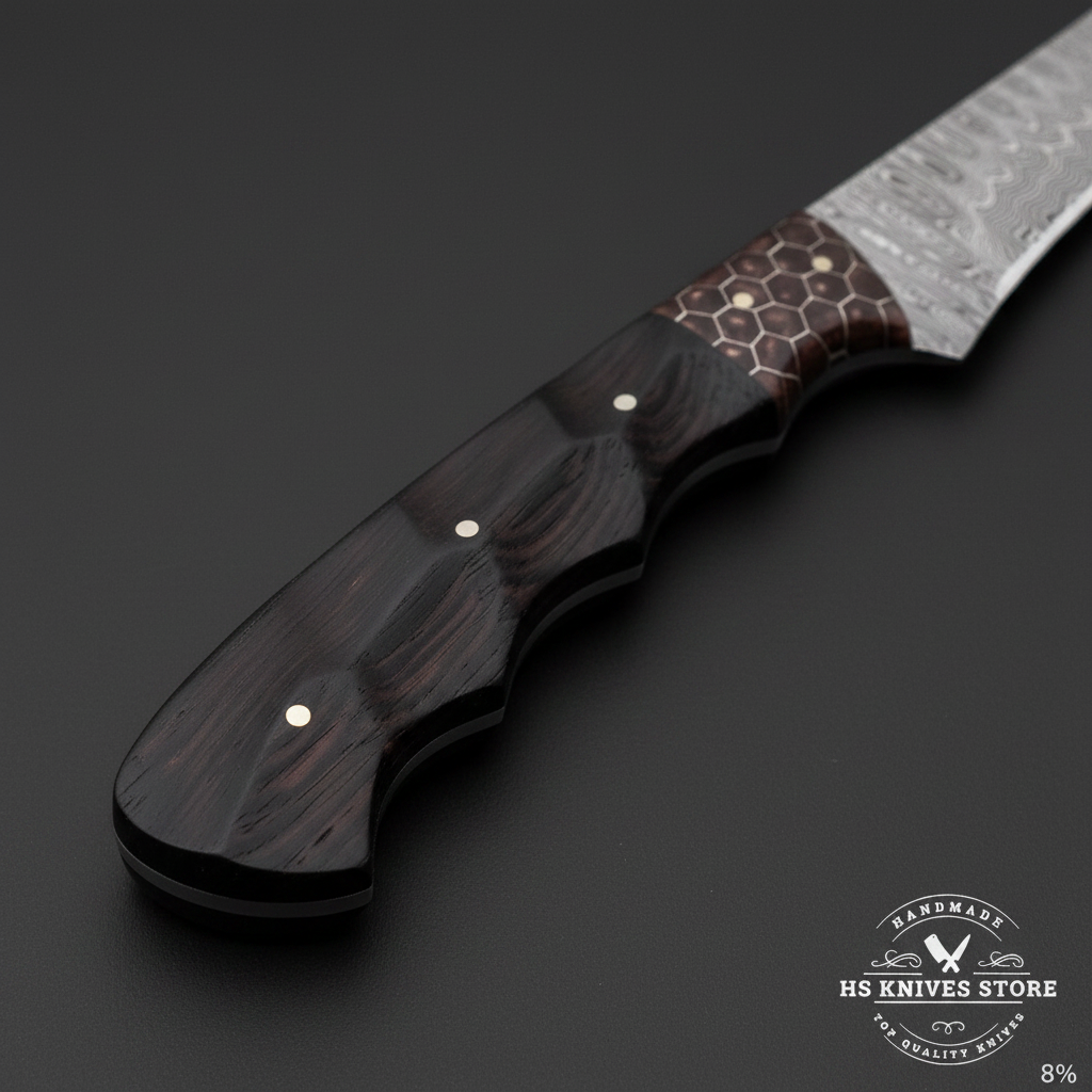 Macro view of dark ebony wood handle with hexagonal honeycomb pattern inlay and two silver pins on Damascus fillet knife