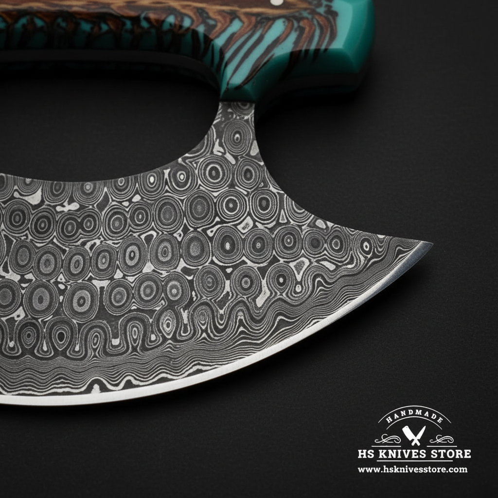 Close-up macro of raindrop Damascus steel ulu knife blade showing bold teardrop oval Damascus pattern and open thumb hole and polished curved edge