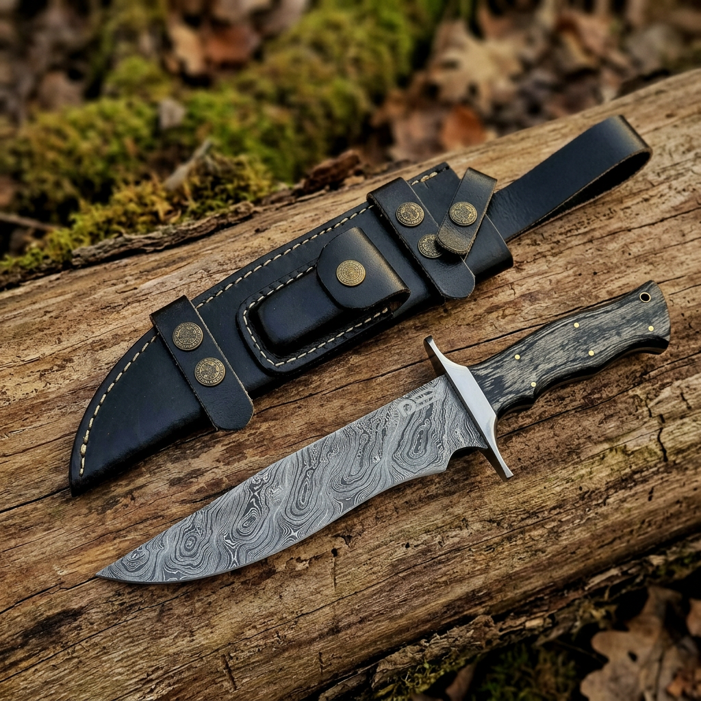 Right-angle view of hand-forged Bowie and black sheath