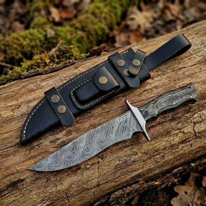 Right-angle view of hand-forged Bowie and black sheath