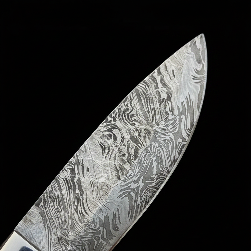 Damascus steel skinner knife blade drop point pattern close-up