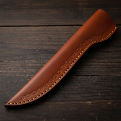 Brown leather fillet knife sheath with gold stitching detail macro shot on rustic wood surface