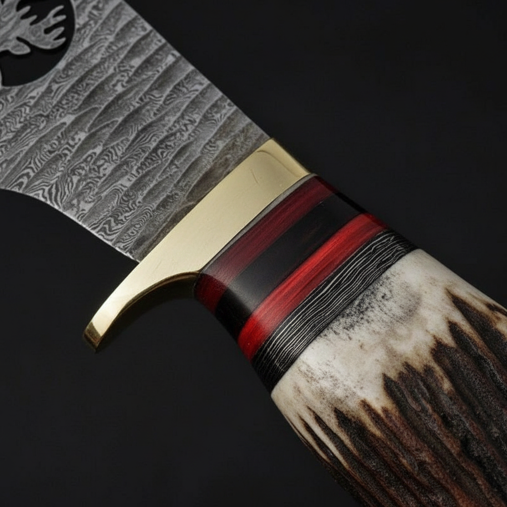 Stag antler handle close-up with brass guard and red spacer detail