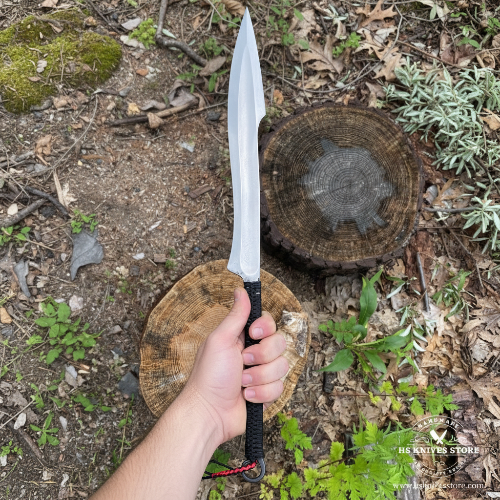 One-hand static outdoor presentation of a single Naginata style sword with leaf-shaped blade