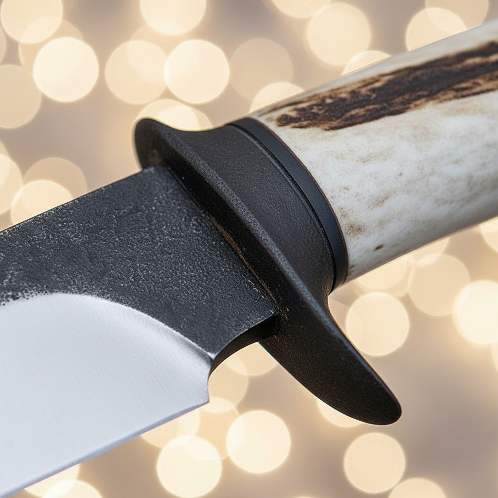 Extreme close up macro shot of stag crown antler handle and black steel guard on 1095 Bowie knife showing natural antler crown texture and grain detail