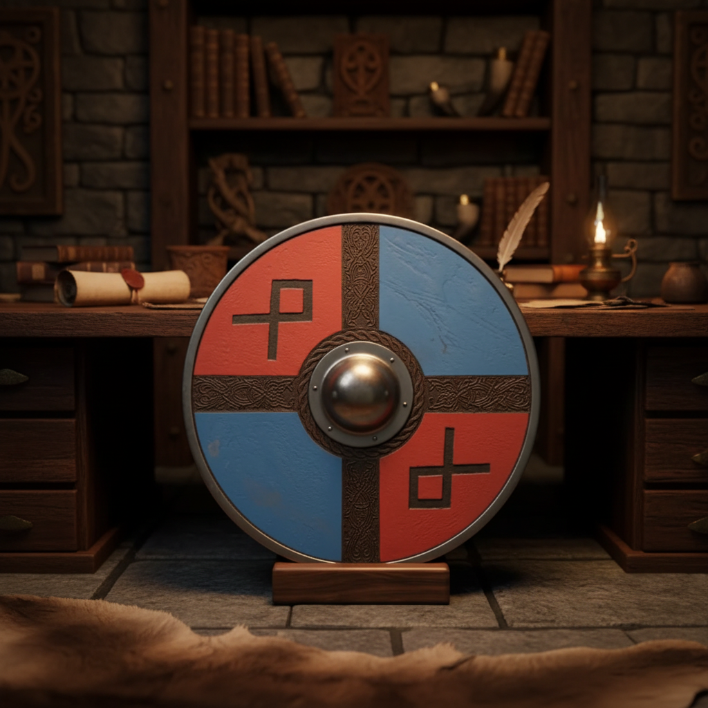 Exact red and blue handcrafted Viking shield displayed on a wooden stand in a themed study