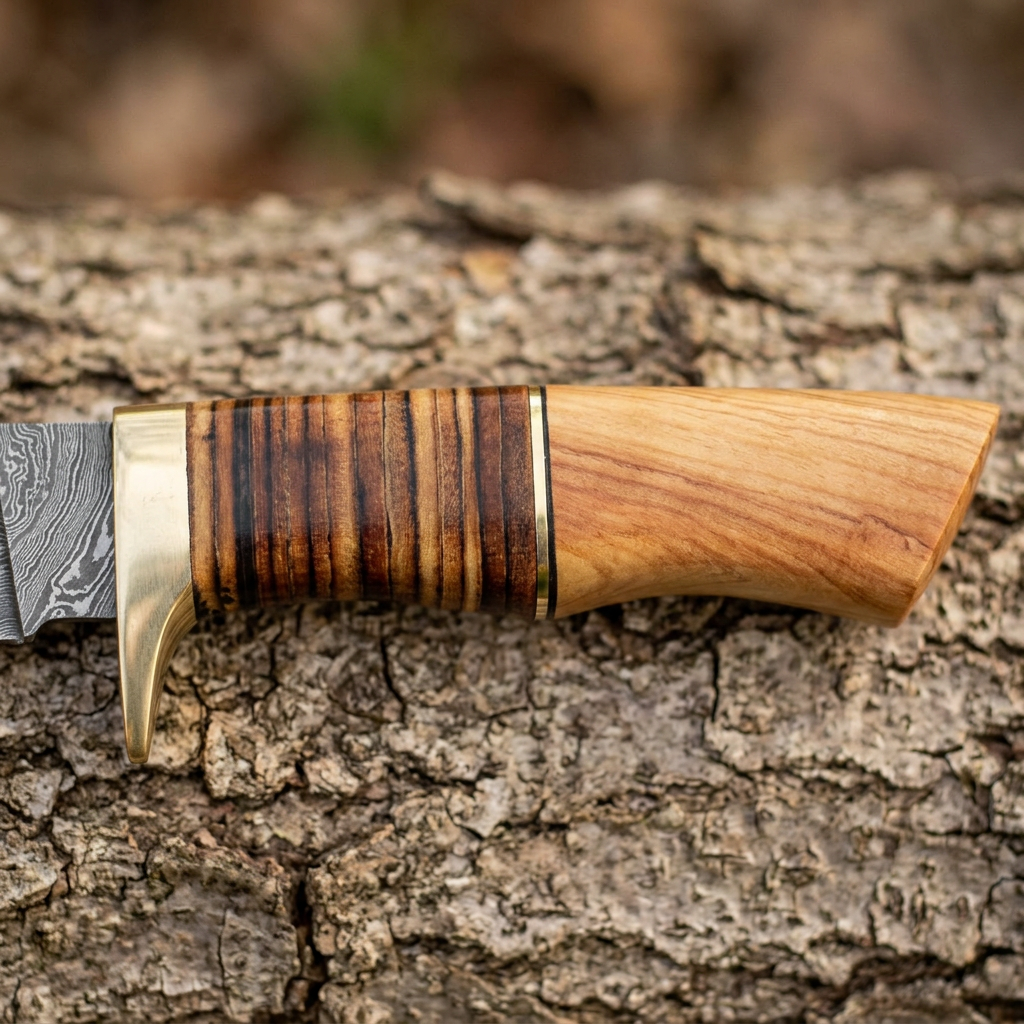 Olivewood handle macro with contrasting stacked section and gold-tone guard
