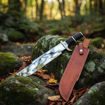 D2 steel Bowie knife with black hardwood handle and leather sheath resting on mossy rocks in outdoor forest setting