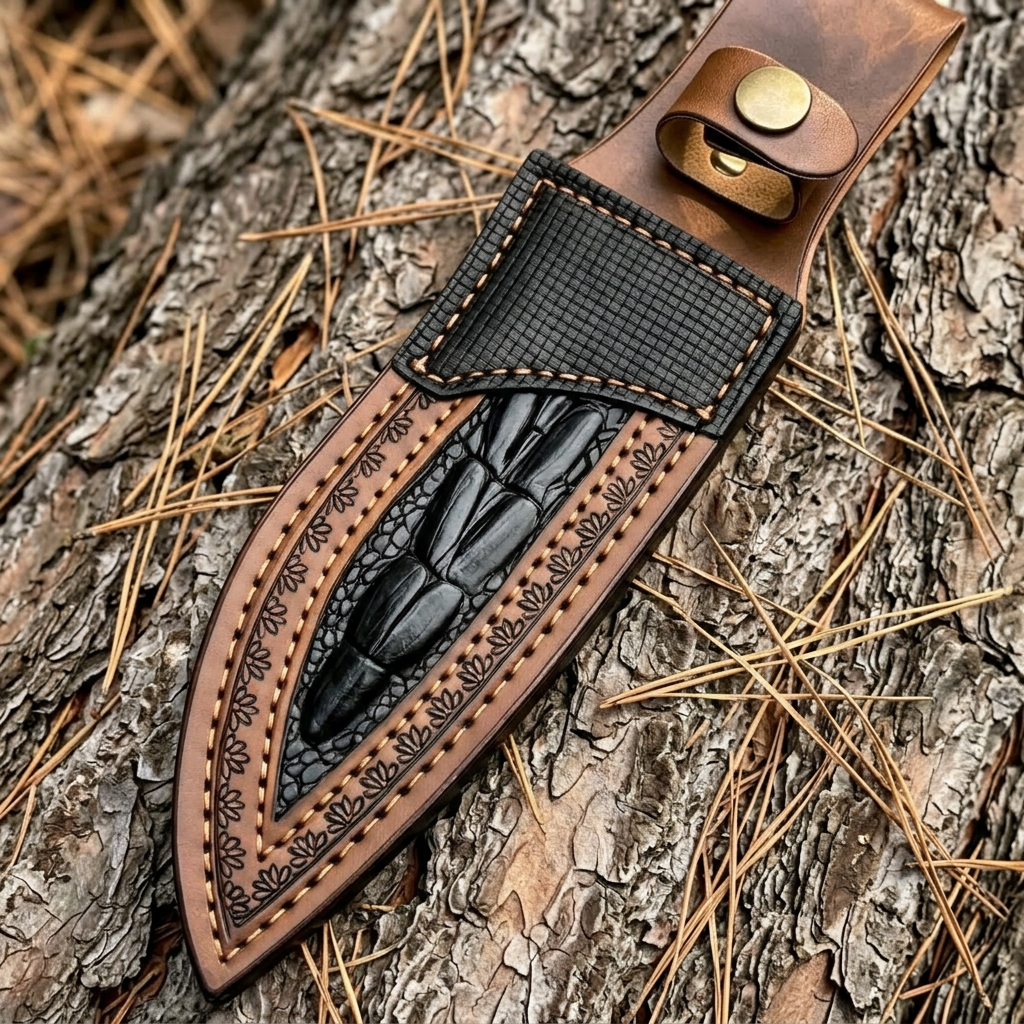 Ornate tan-and-black sheath detail with patterned panels and decorative borders
