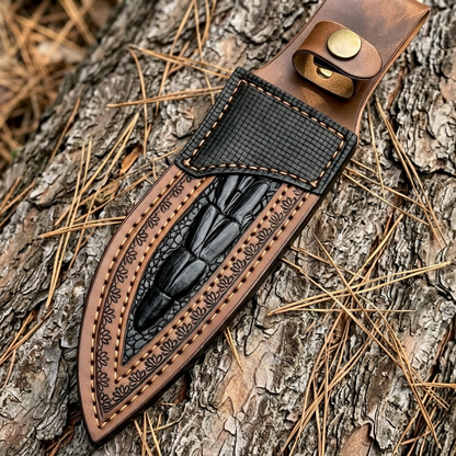 Ornate tan-and-black sheath detail with patterned panels and decorative borders