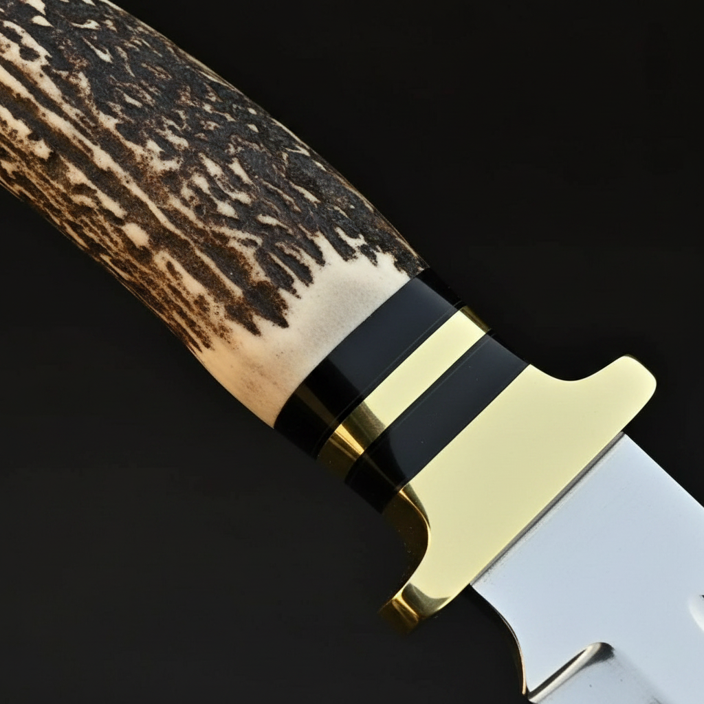 Extreme macro close-up of stag antler handle with black and bone spacers and brass guard on D2 Bowie knife natural antler texture