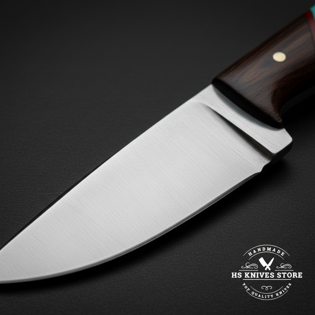 Close-up macro of high carbon steel skinner knife blade showing satin finish full flat grind polished cutting edge and steel bolster