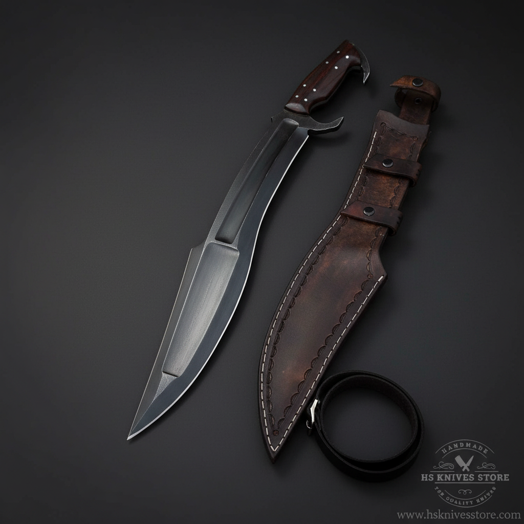 Spartan Kopis sword carbon steel black stone-wash coating rosewood handle hook guard dark charcoal studio background right