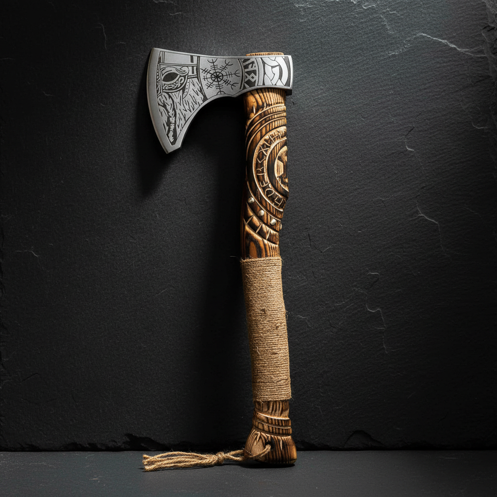 Vertical luxury shot of Norse engraved Viking axe on dark slate background axe head pointing up
