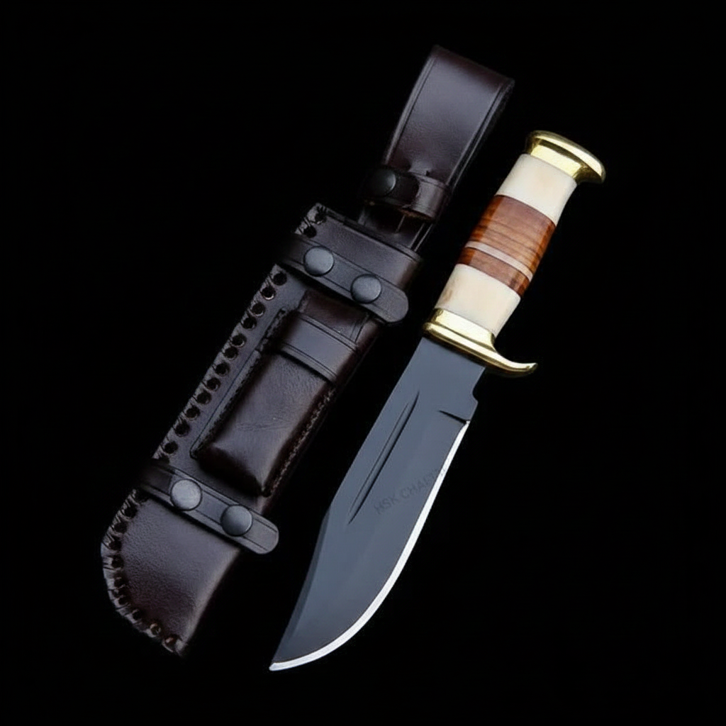Handmade fixed blade hunting knife stacked leather handle bone spacer brass guard black studio shot