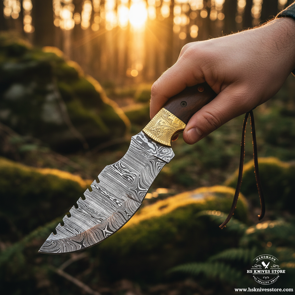 Hand gripping dark wood handle Damascus tracker knife with engraved brass bolster in outdoor forest action shot