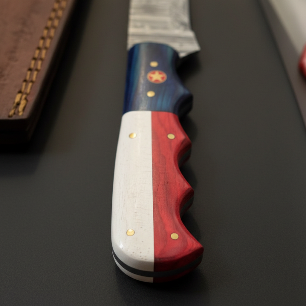 Close-up macro of American flag handle with red white blue panels, brass pins and red star medallion inlay
