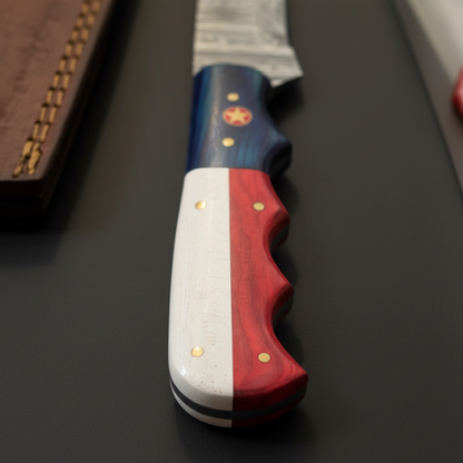 Close-up macro of American flag handle with red white blue panels, brass pins and red star medallion inlay