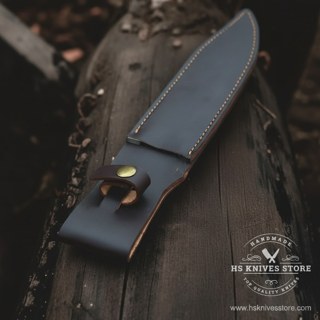 Close-up macro of dark navy black leather sheath with cream stitching and tan leather belt loop with brass snap rivet for Bowie knife