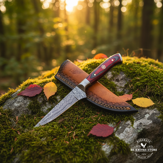 Damascus steel skinning knife with red hardwood handle and two-tone leather sheath on mossy rocks in forest setting