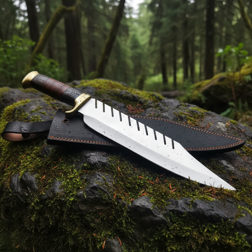 D2 steel Bowie knife hardwood leather handle brass guard on mossy rocks outdoor forest setting