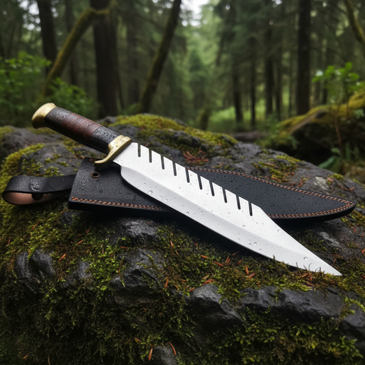D2 steel Bowie knife hardwood leather handle brass guard on mossy rocks outdoor forest setting