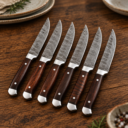 Left three-quarter dining view of the six-piece Damascus steak knife set