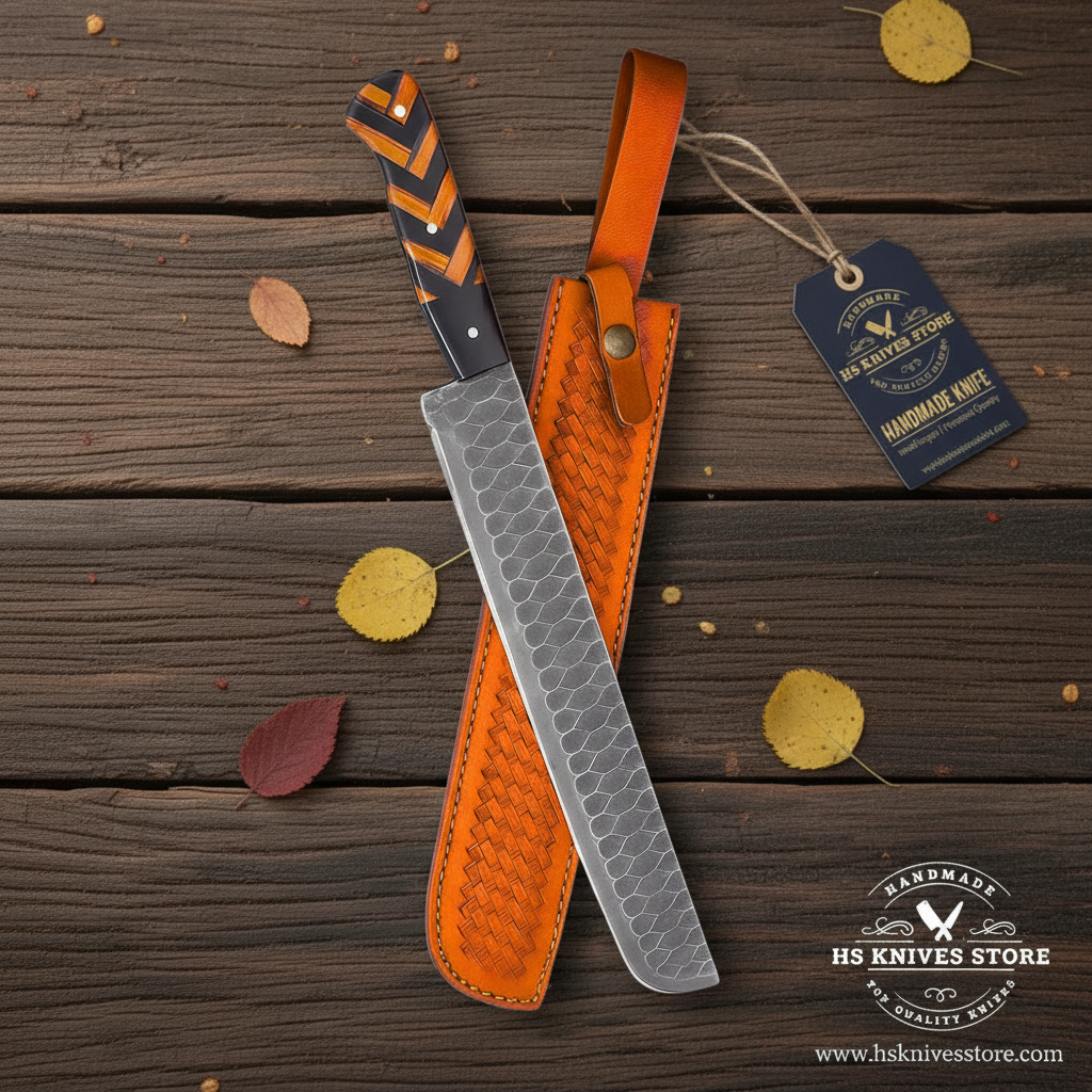 Long Damascus BBQ slicer with tan leather sheath and HS Knives Store hang tag on rustic wood