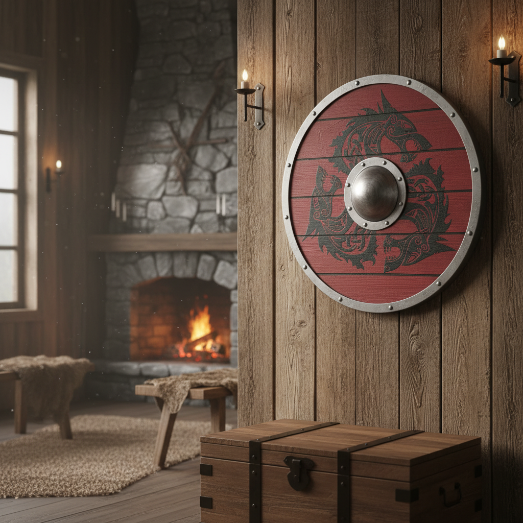 Red wooden Viking shield with silver rim, rivets, and dark Norse artwork mounted on a rustic wall