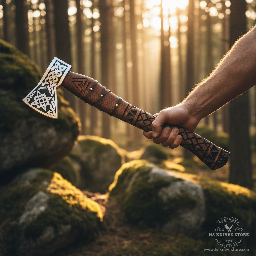 Hand gripping carved rosewood handle of handmade Viking axe in strong confident outdoor pose forest setting golden sunlight