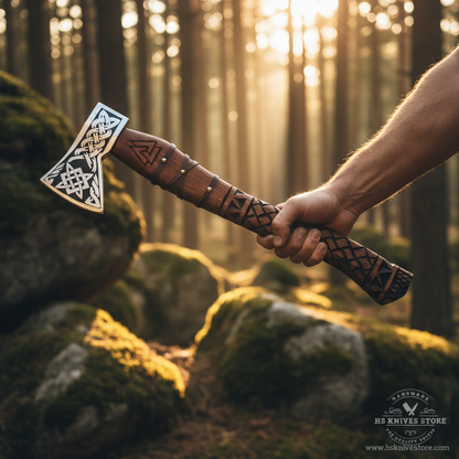 Hand gripping carved rosewood handle of handmade Viking axe in strong confident outdoor pose forest setting golden sunlight