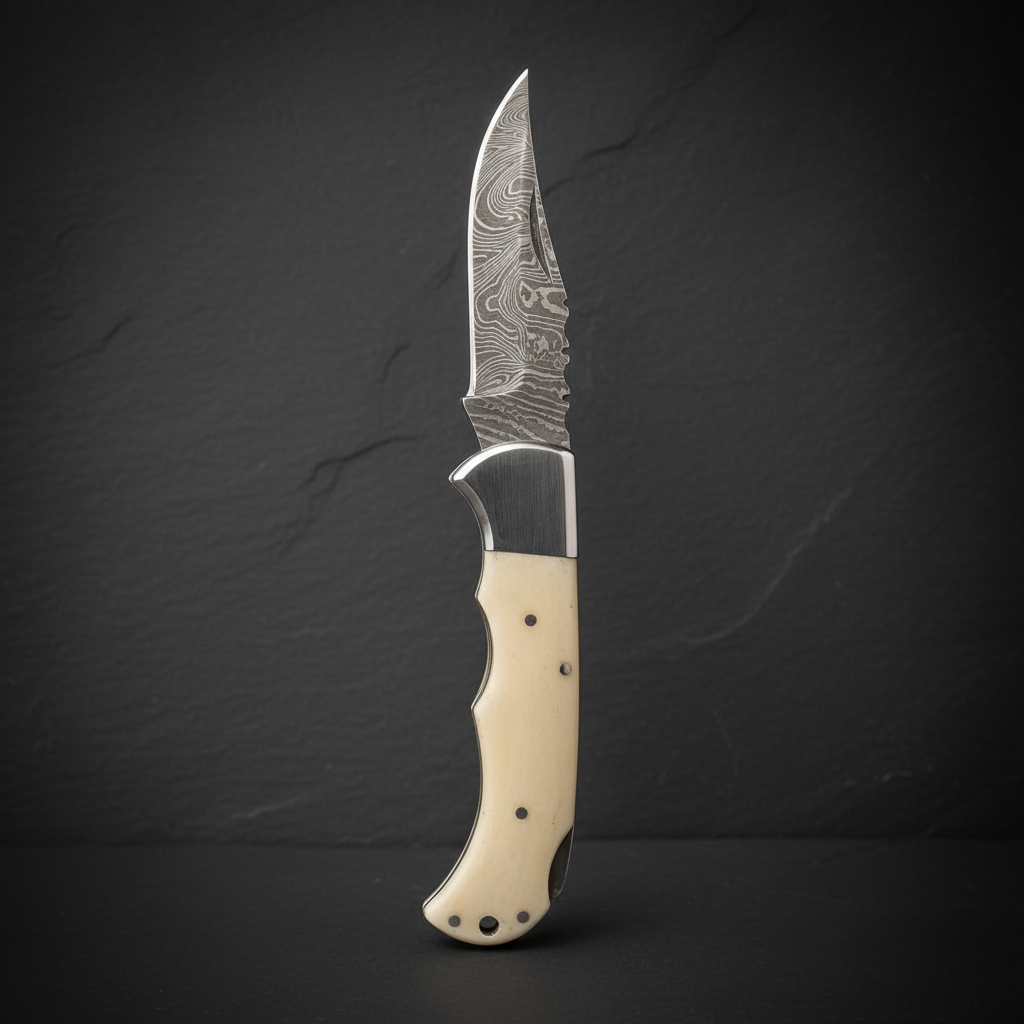 Damascus folding pocket knife white bone handle vertical charcoal background luxury shot