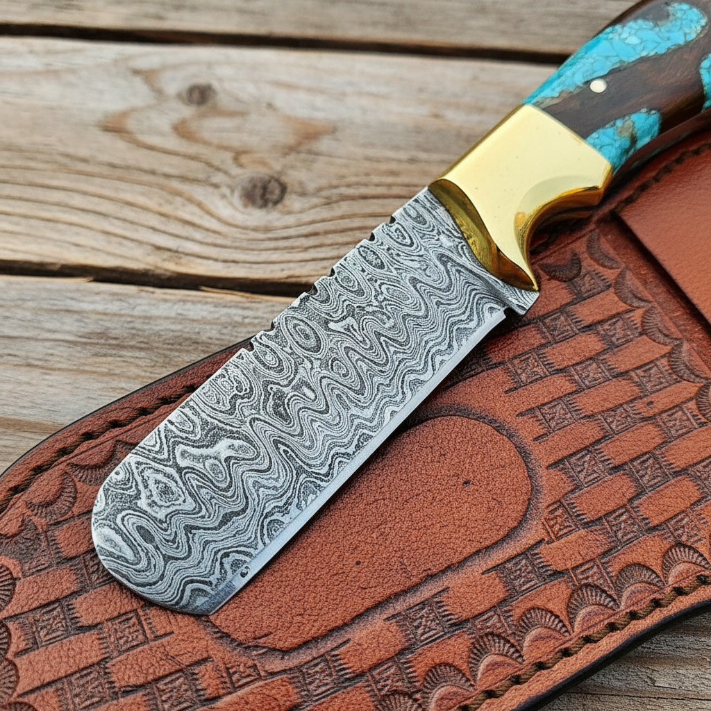 Close-up of the flowing Damascus pattern on a handmade bull cutter knife blade