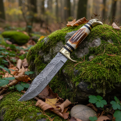 Damascus Bowie knife with white burned bone handle resting on mossy rocks in outdoor forest setting