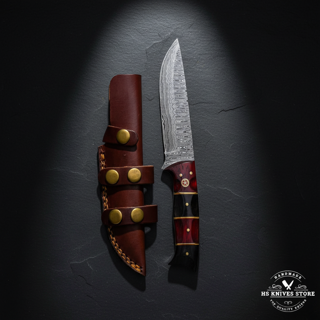 Damascus steel hunting knife displayed vertically on dark slate with red black buffalo horn handle and dark burgundy leather belt sheath luxury shot
