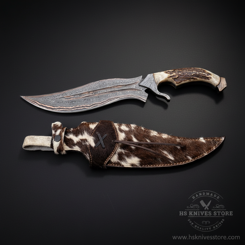 Damascus copper Bowie knife stag handle Damascus guard cowhide fur sheath dark charcoal studio background