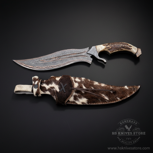 Damascus copper Bowie knife stag handle Damascus guard cowhide fur sheath dark charcoal studio background